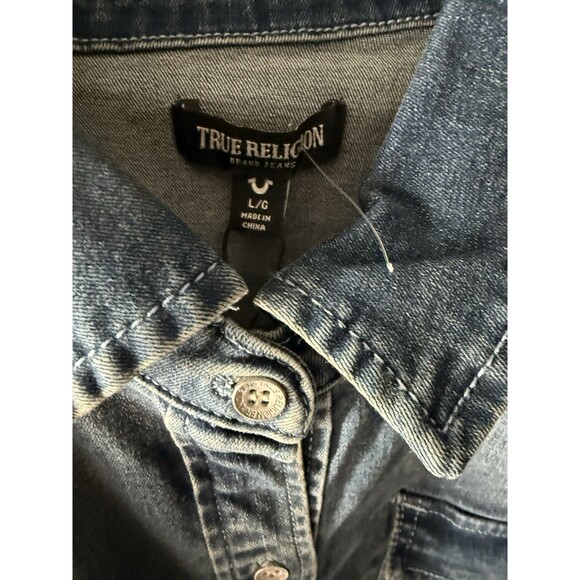True Religion Georgia Denim Glitter Shirt Large Dark Wash Button Up - Picture 2 of 3